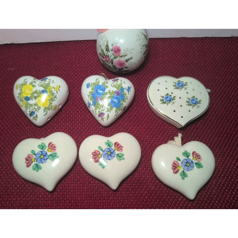 Vintage Ceramic Potpourri Pomander Floral Painted Hearts And Ball Decor Set Of 7